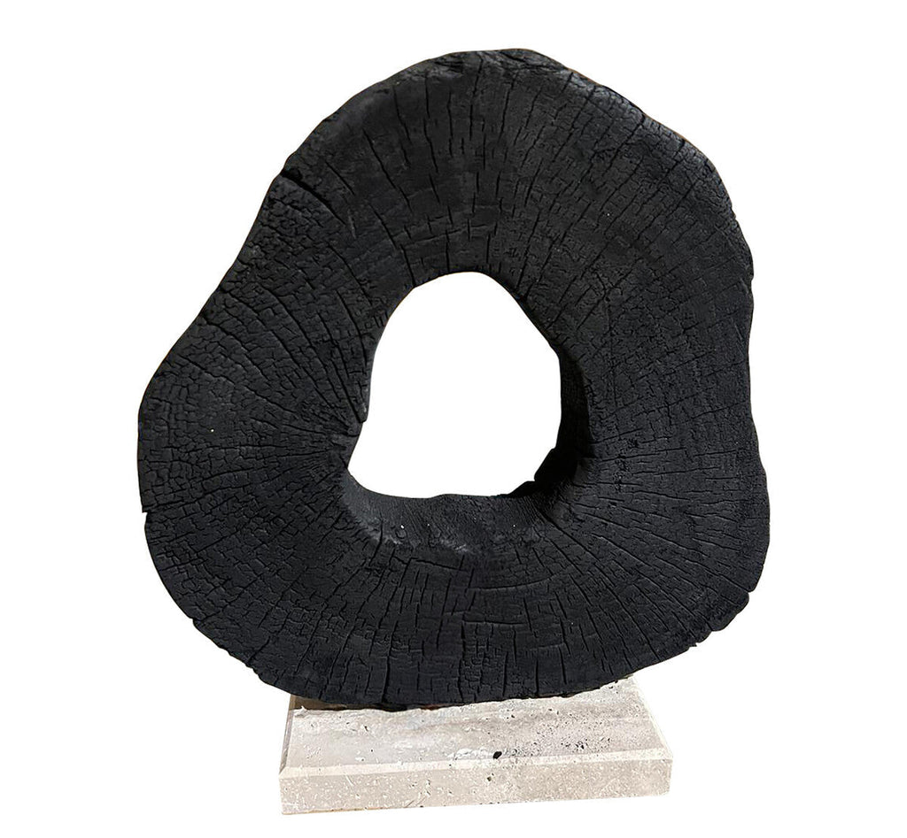 Black Mango Wood Sculpture with Travertine Base