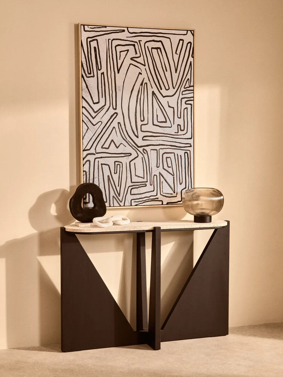 Black Mango Wood Sculpture with Travertine Base