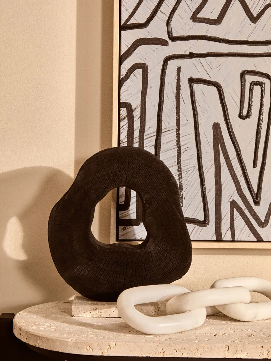 Black Mango Wood Sculpture with Travertine Base