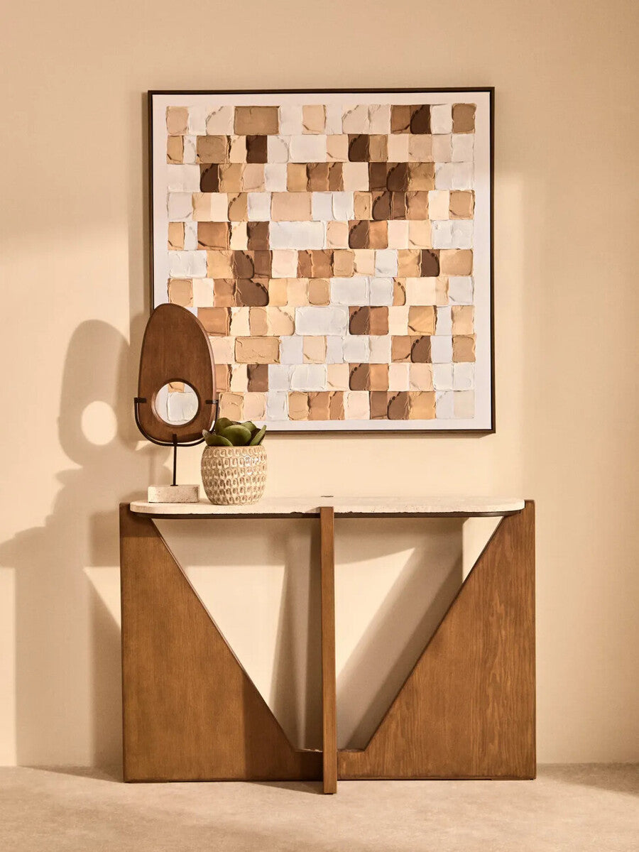 Natural Wood Vertical Sculpture with Travertine Base