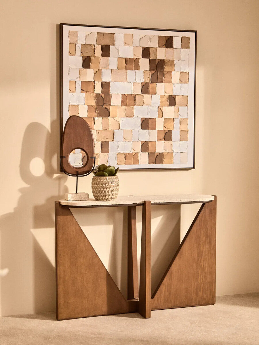 Natural Wood Vertical Sculpture with Travertine Base