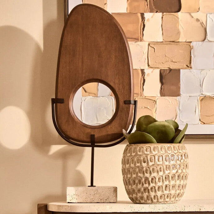 Natural Wood Vertical Sculpture with Travertine Base