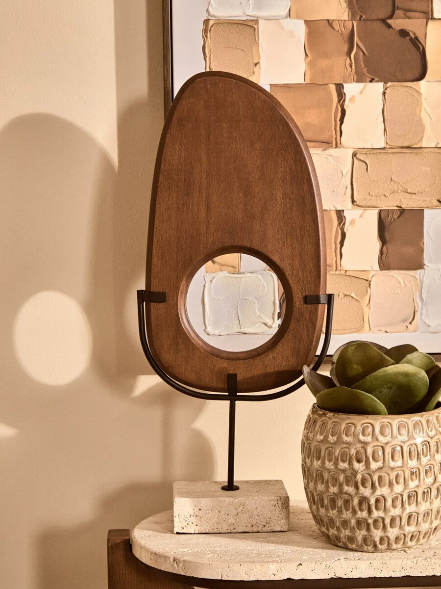 Natural Wood Vertical Sculpture with Travertine Base