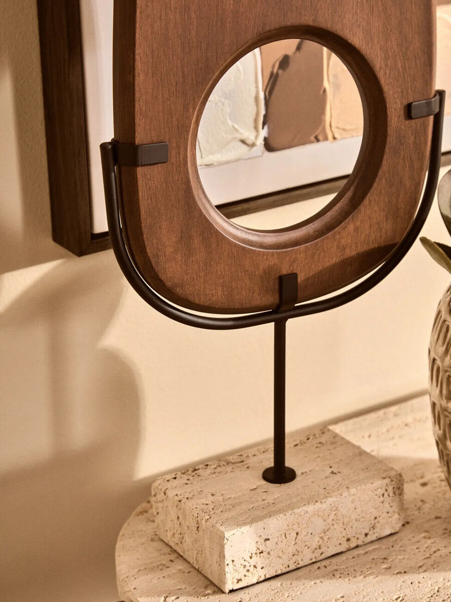 Natural Wood Vertical Sculpture with Travertine Base