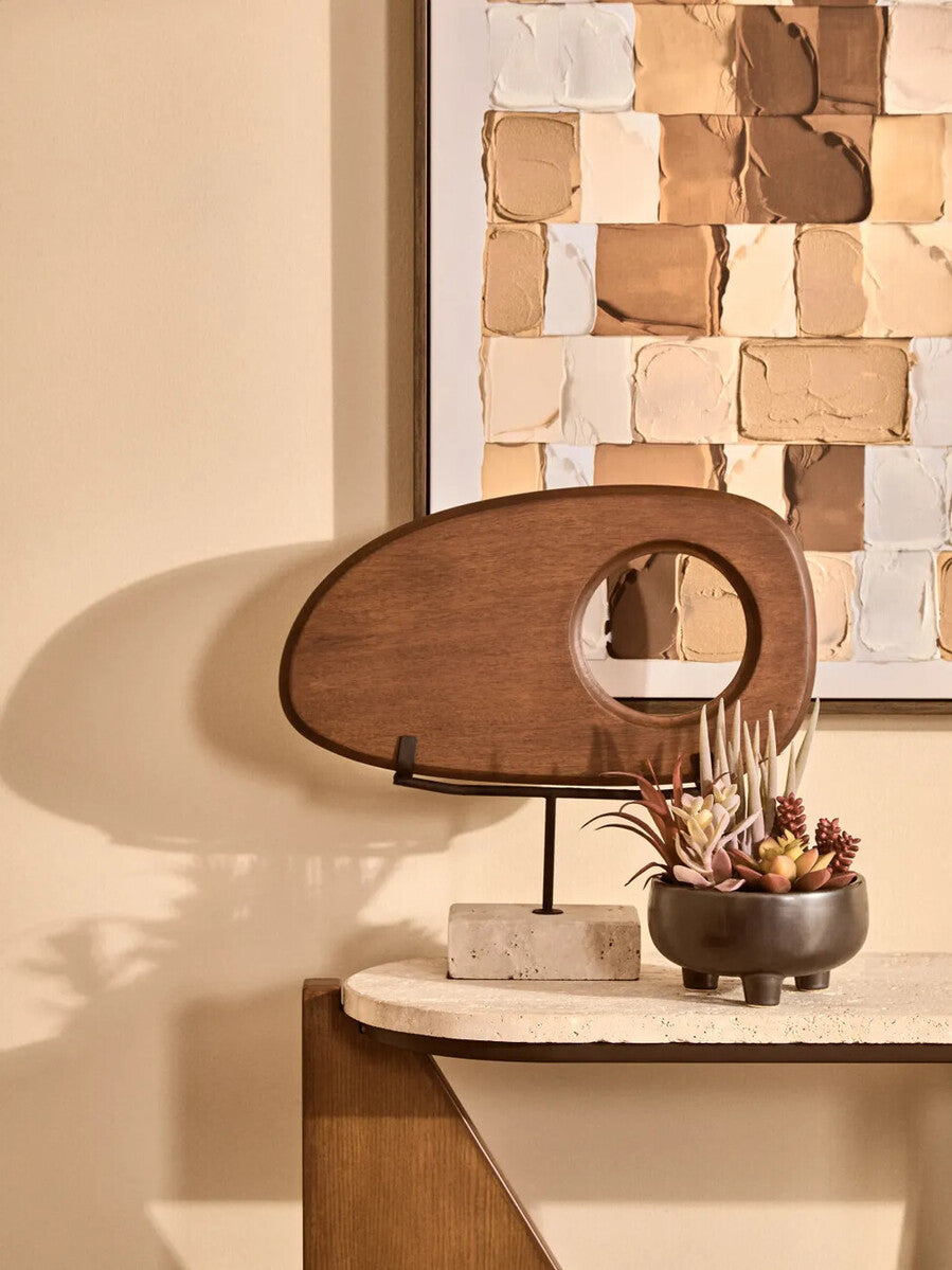 Natural Wood Horizontal Sculpture with Travertine Base