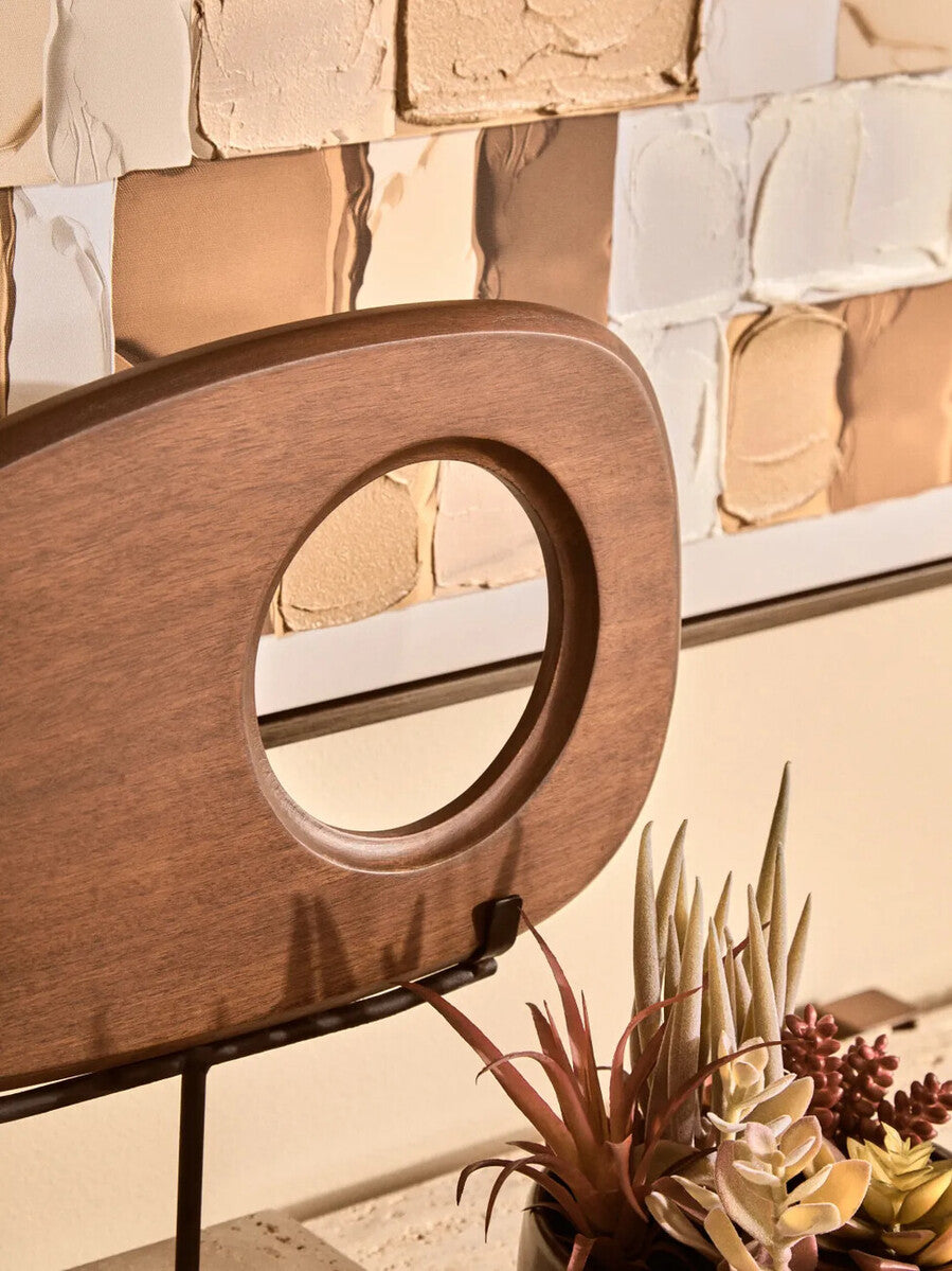 Natural Wood Horizontal Sculpture with Travertine Base