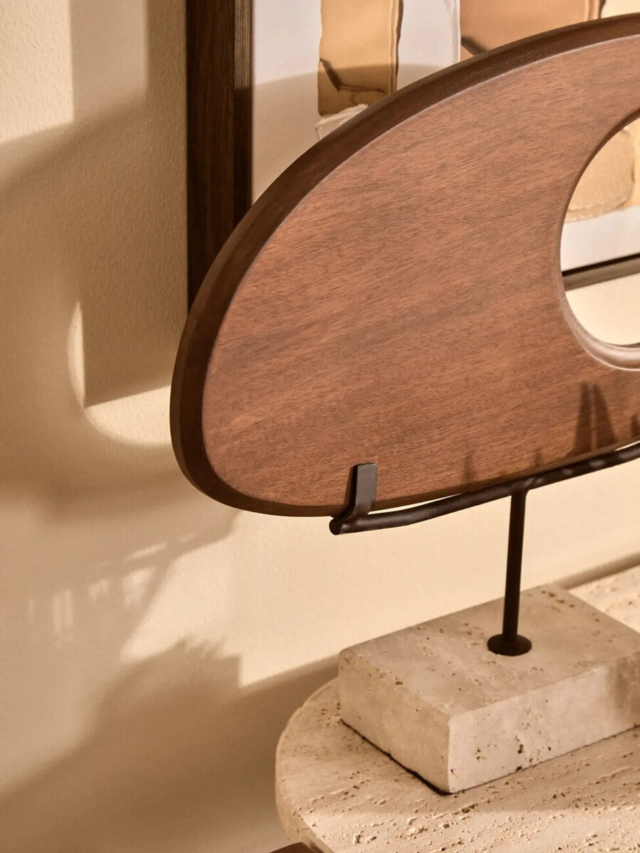 Natural Wood Horizontal Sculpture with Travertine Base