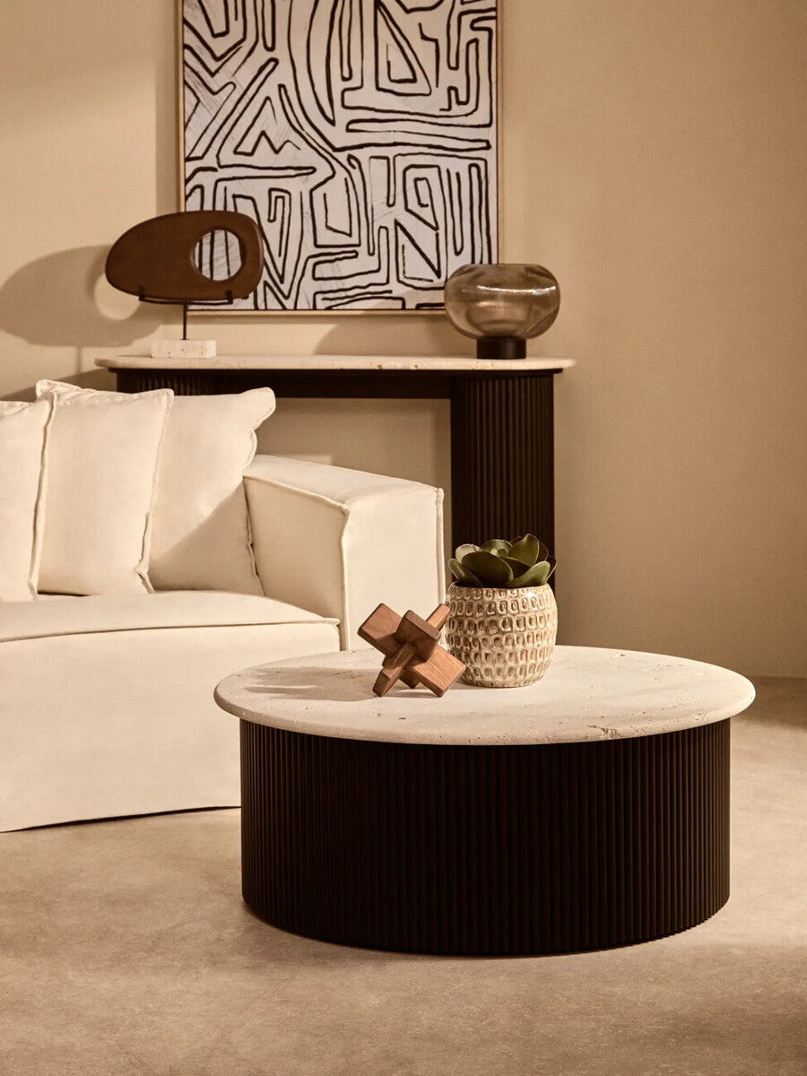 Natural Wood Horizontal Sculpture with Travertine Base