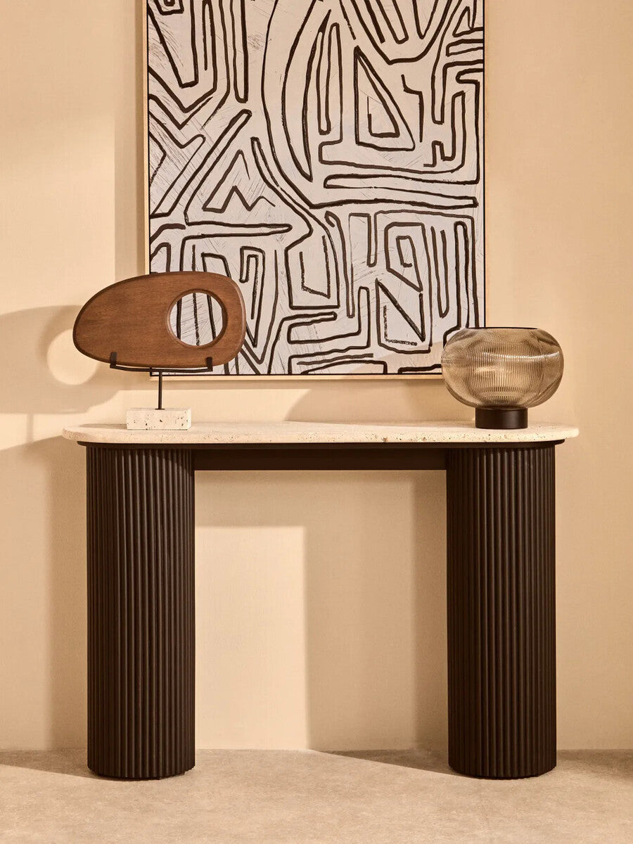 Natural Wood Horizontal Sculpture with Travertine Base