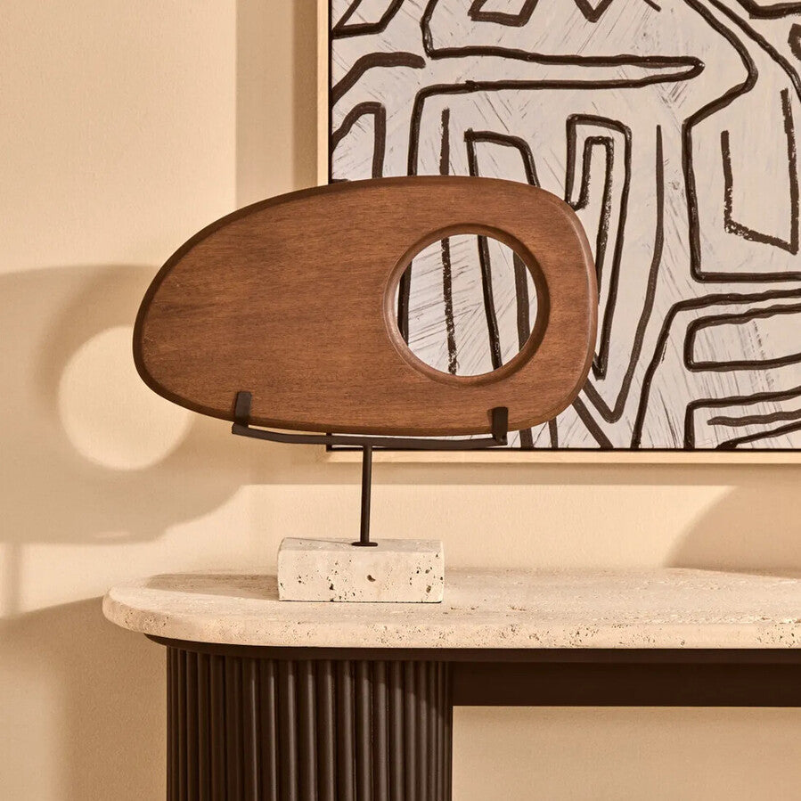 Natural Wood Horizontal Sculpture with Travertine Base
