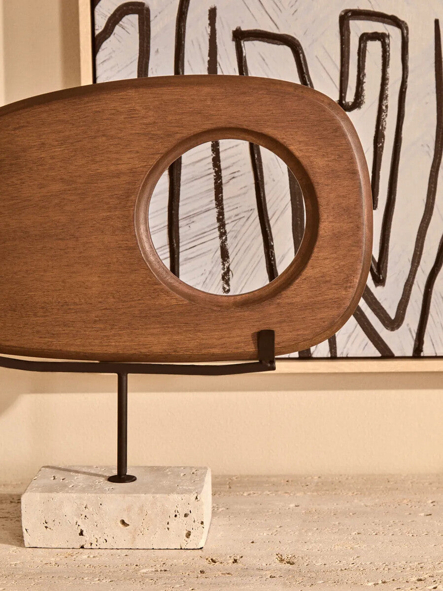 Natural Wood Horizontal Sculpture with Travertine Base