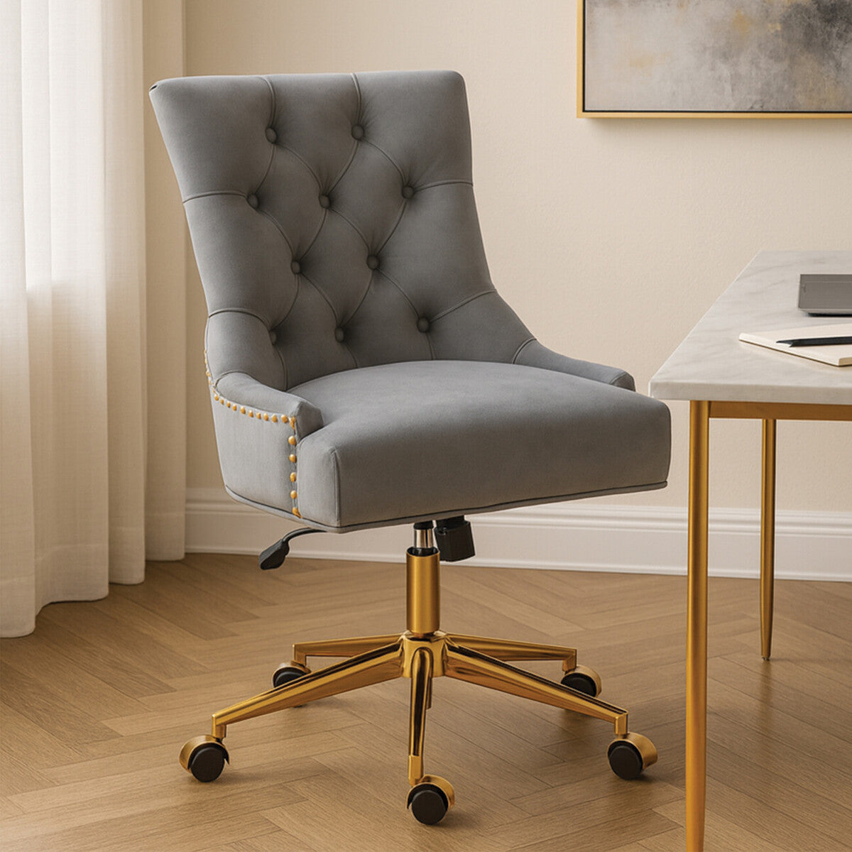 Grey Velvet and Gold Base Home Office Chair