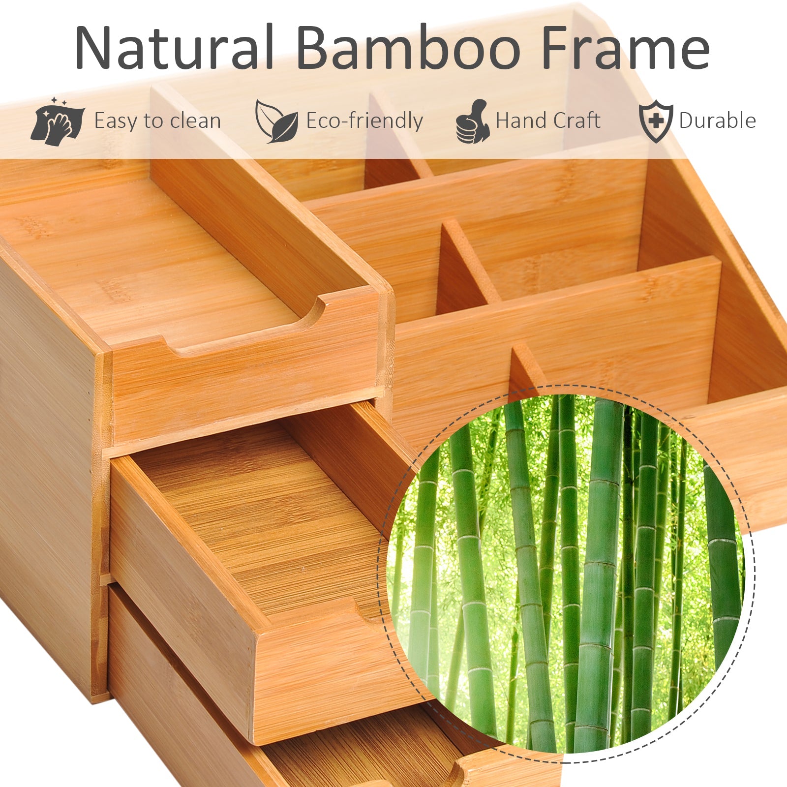 Bamboo Desk Organiser with 7 Storage Compartments & 2 Drawers
