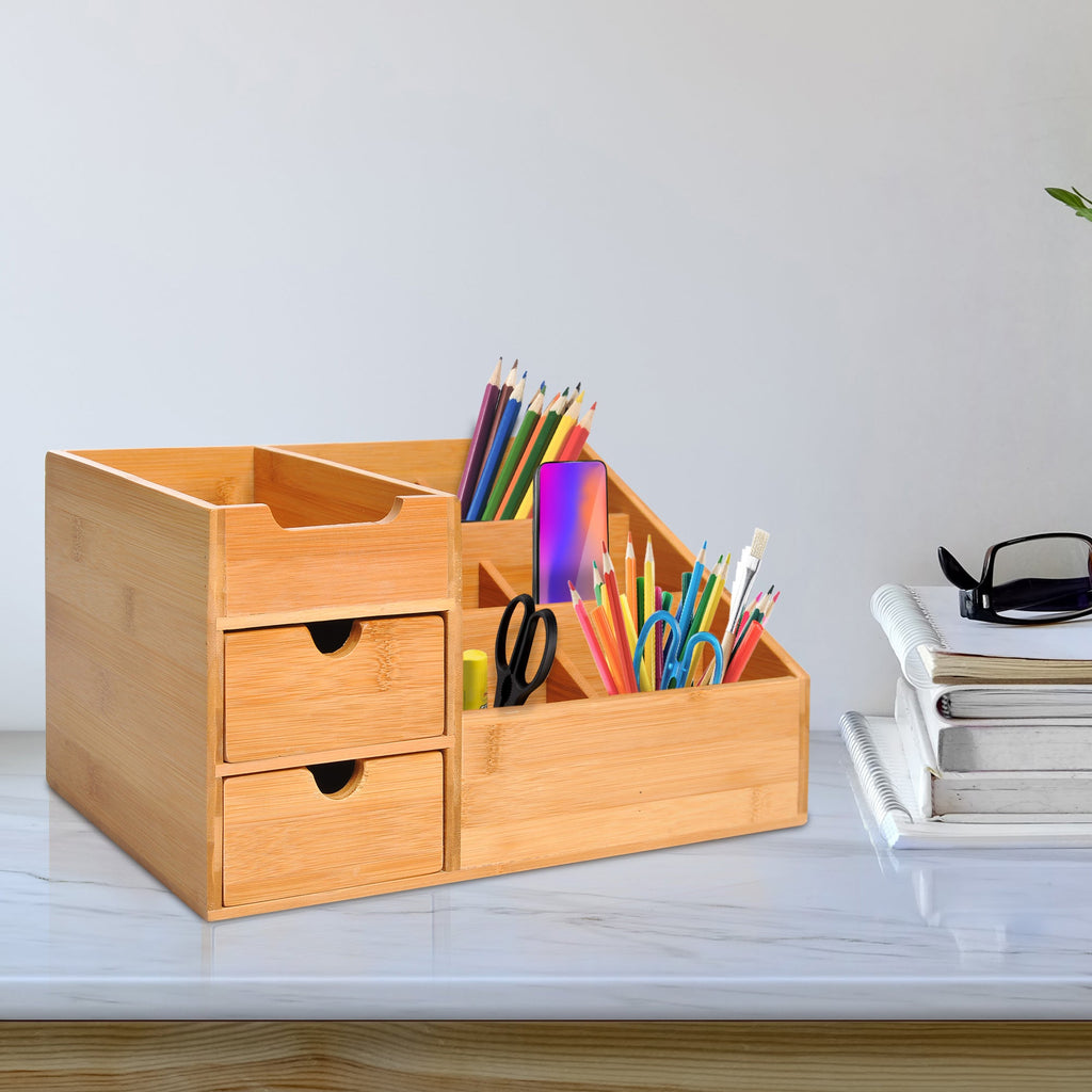 Bamboo Desk Organiser with 7 Storage Compartments & 2 Drawers