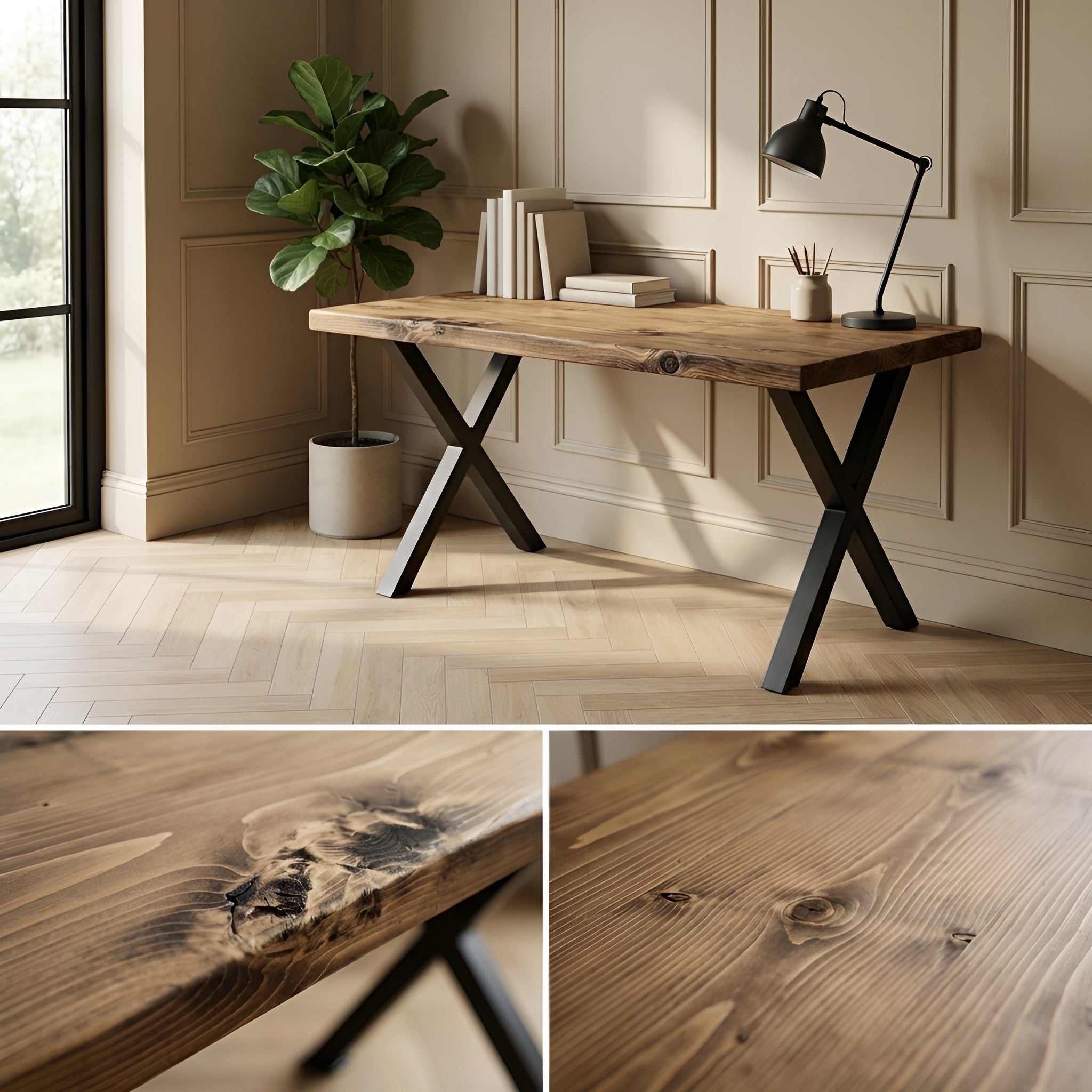 Oak Desk with X Cross Metal Legs - Various Finishes