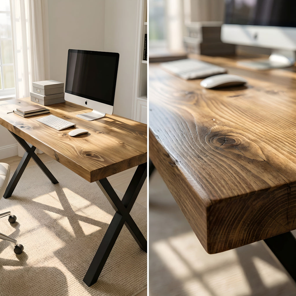 Oak Desk with X Cross Metal Legs - Various Finishes