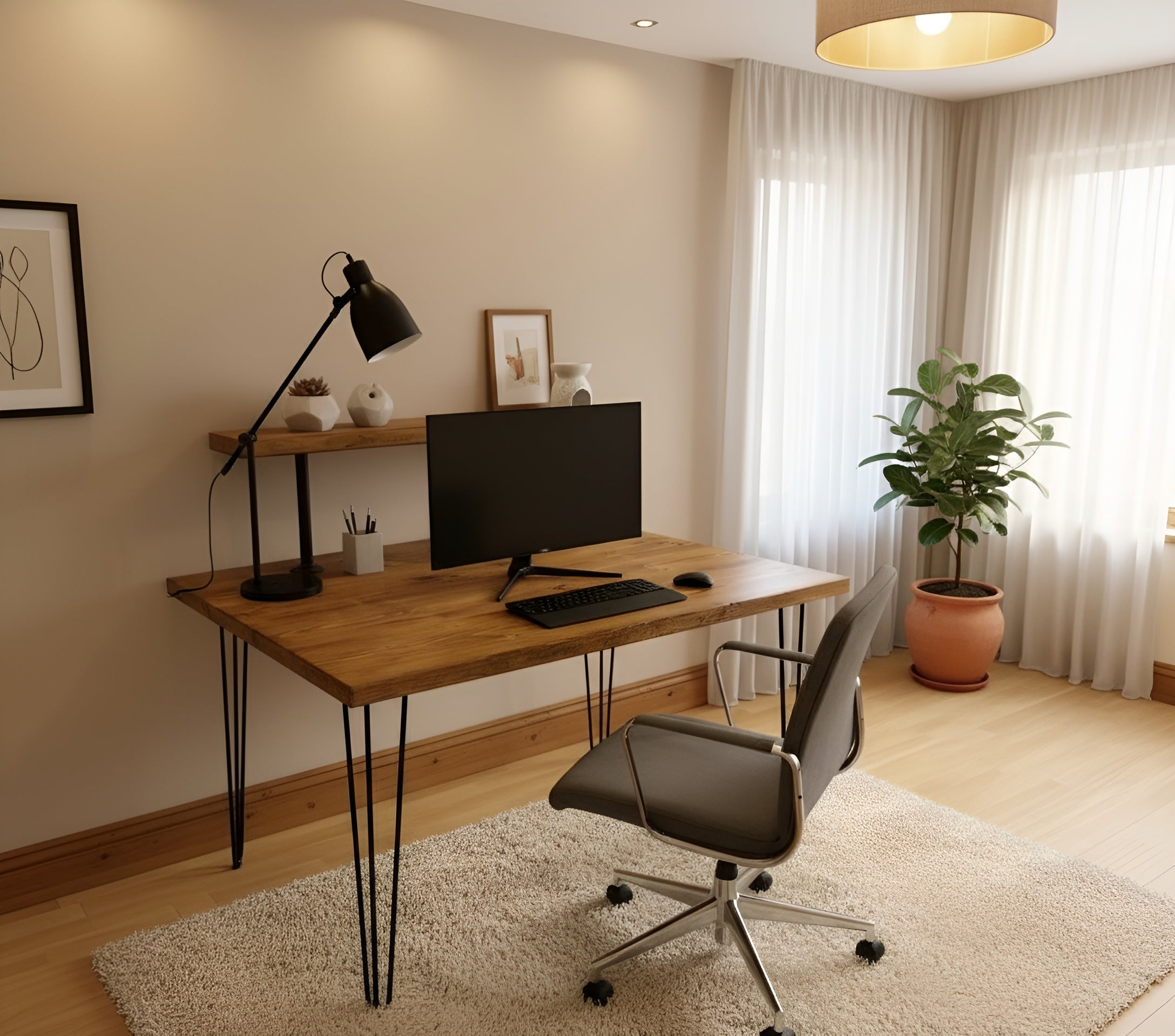 Handcrafted Wooden Study Desk with Shelf & Hairpin Legs - Various Finishes