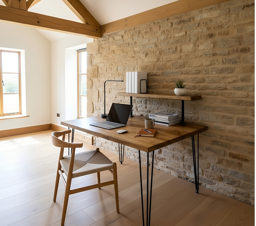 Handcrafted Wooden Study Desk with Shelf & Hairpin Legs - Various Finishes