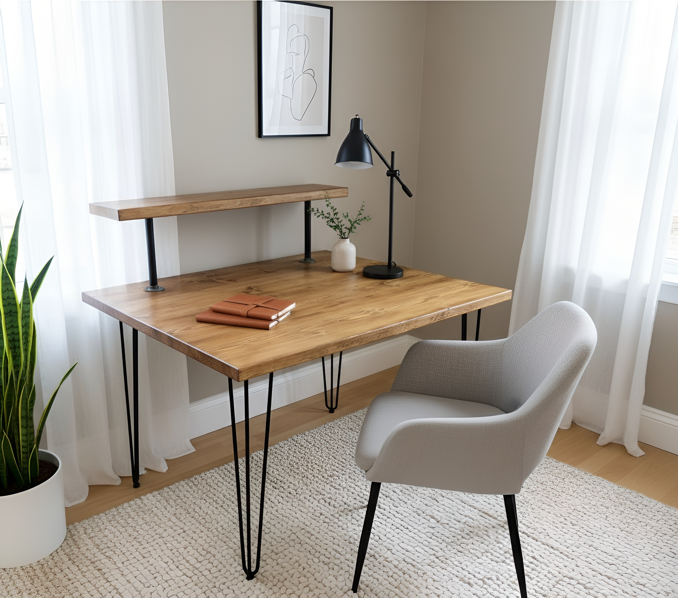 Handcrafted Wooden Study Desk with Shelf & Hairpin Legs - Various Finishes