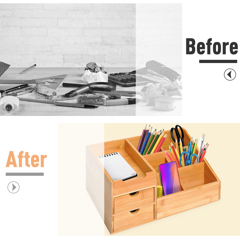 Bamboo Desk Organiser with 7 Storage Compartments & 2 Drawers