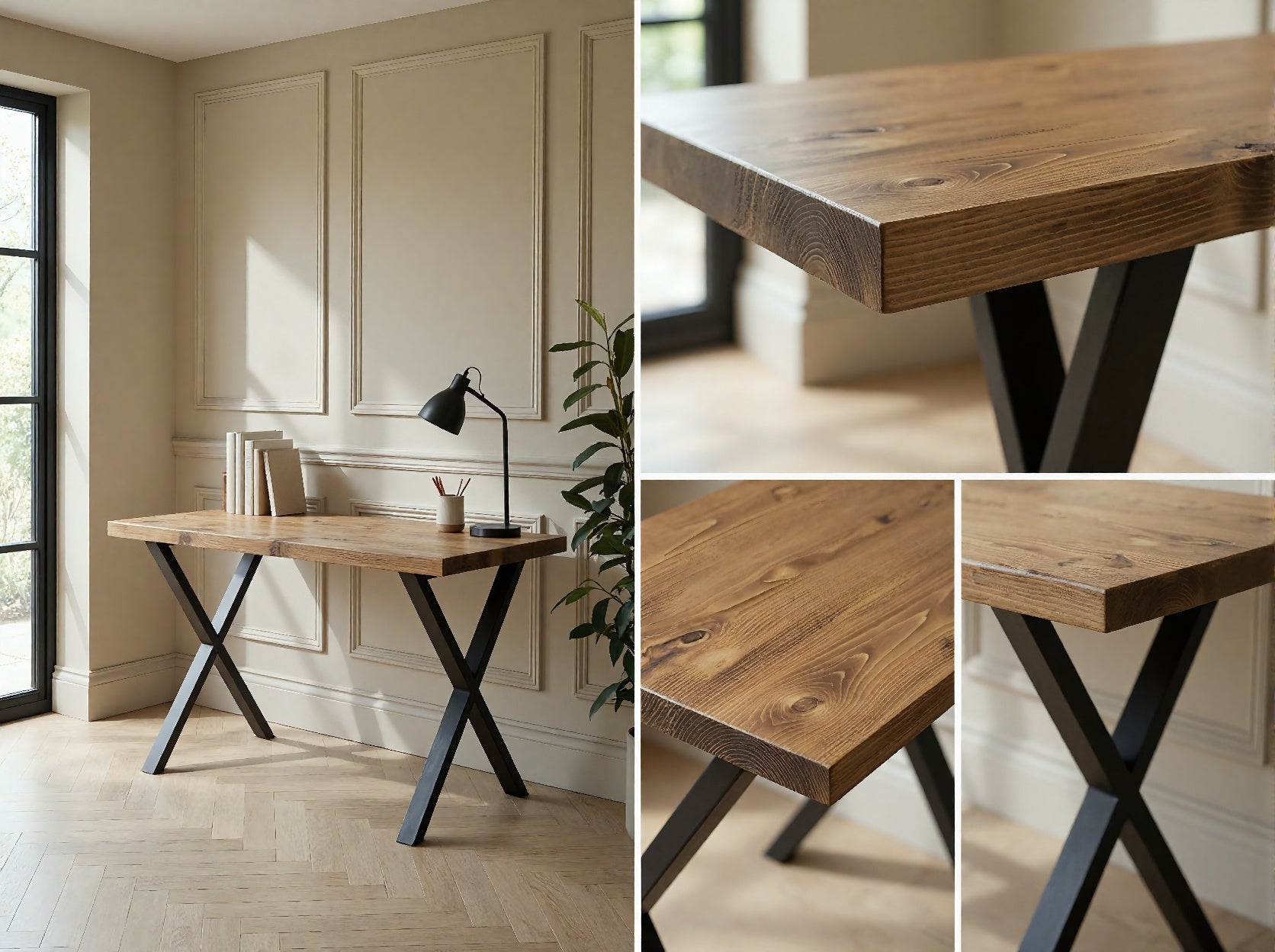 Oak Desk with X Cross Metal Legs - Various Finishes