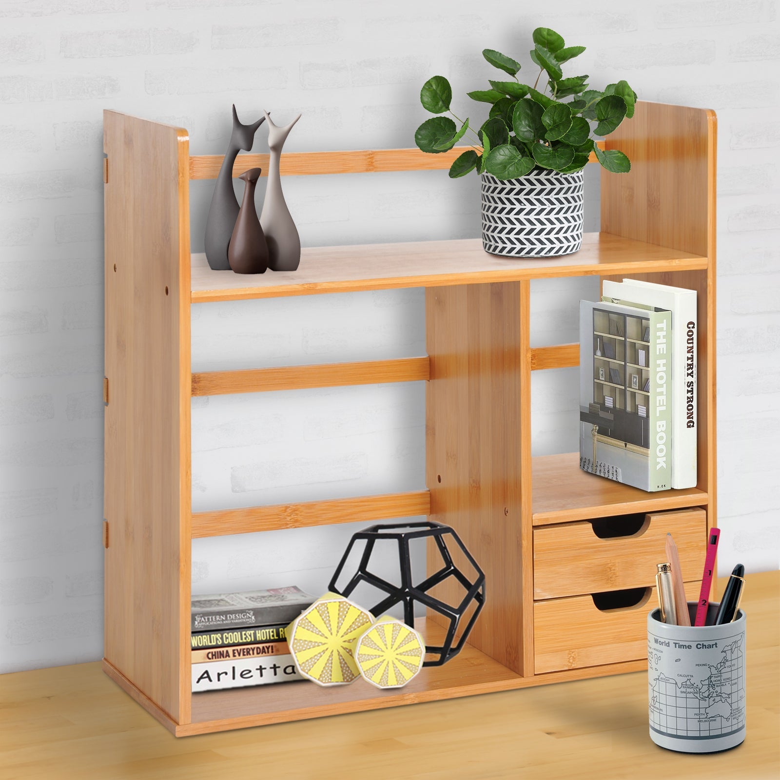 Bamboo Desktop Bookshelf Organiser with 2 Drawers